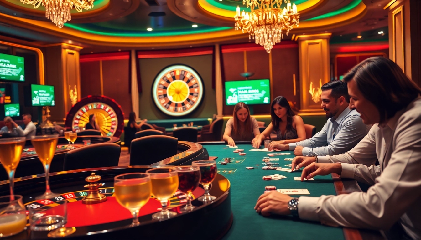 Players immersed in a thrilling f1688 poker game, surrounded by vibrant casino lights and excitement.