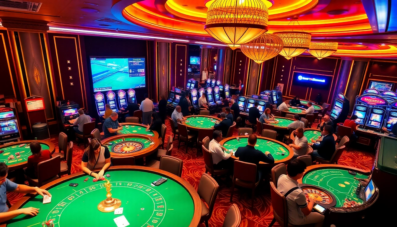 The vibrant gaming floor at https://78win.school/ showcases players enjoying poker, roulette, and slot machines.