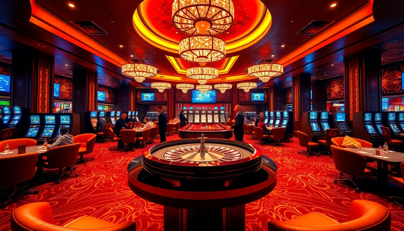 Visualize players enjoying their experience at QQ88 casino, featuring roulette and slot machines bustling with excitement.